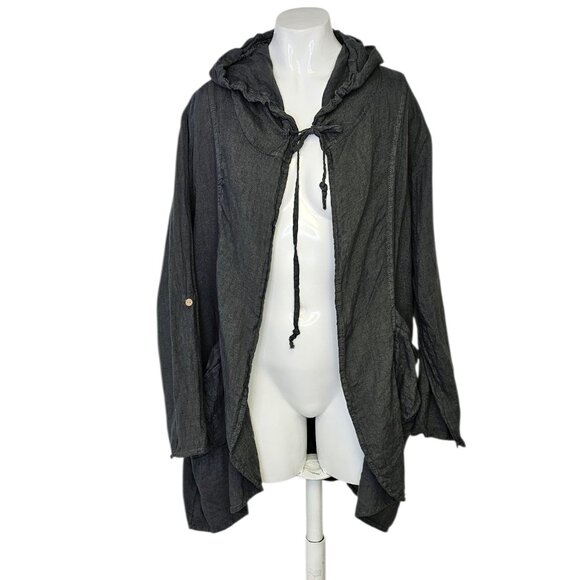 Linen Luv Lagenlook 100% Linen Cardigan, Pockets, Hooded, Grey, Roll Sleeve, M - Picture 1 of 8